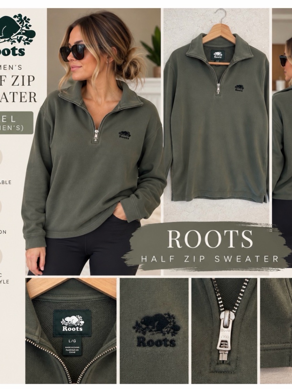 Roots Women’s Half-Zip Sweater – Size Large 🌿